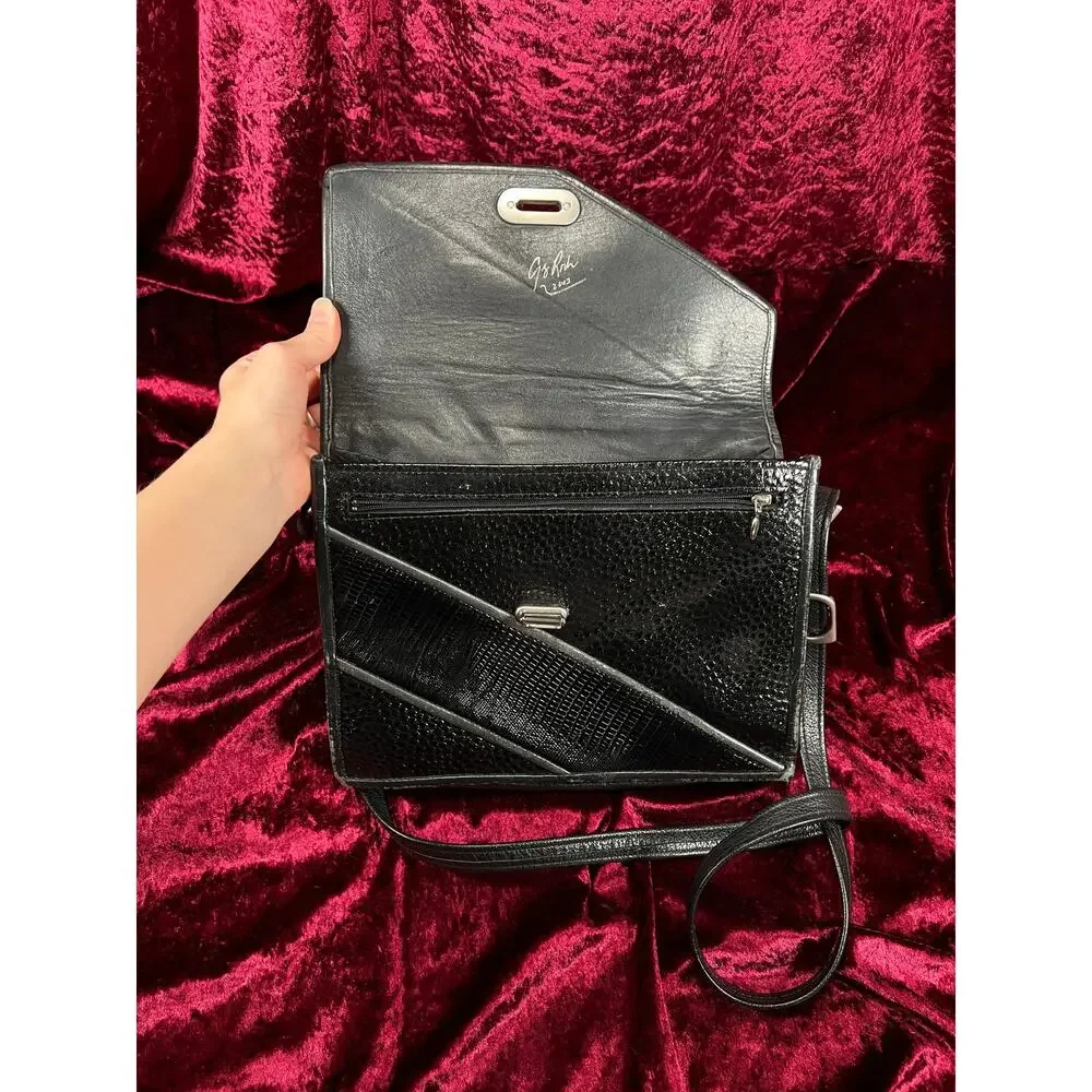 Vintage Y2K Black Leather Shoulder Bag - Reptile Embossed Patchwork Purse